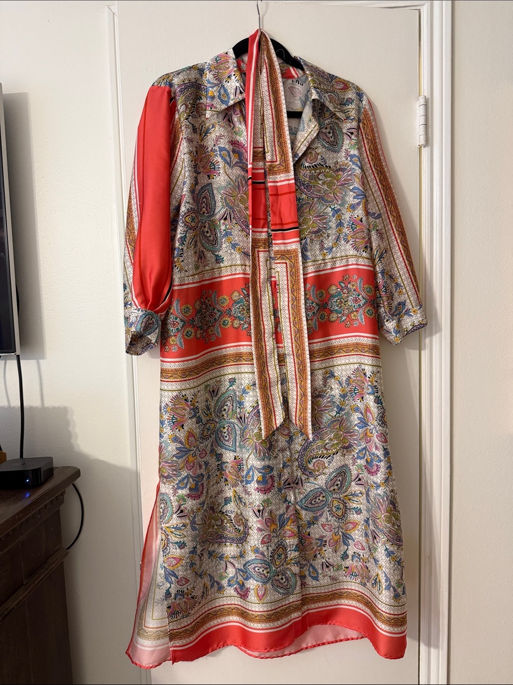 Zara Silk-Blend Paisley Tie-Neck Dress in Coral Large